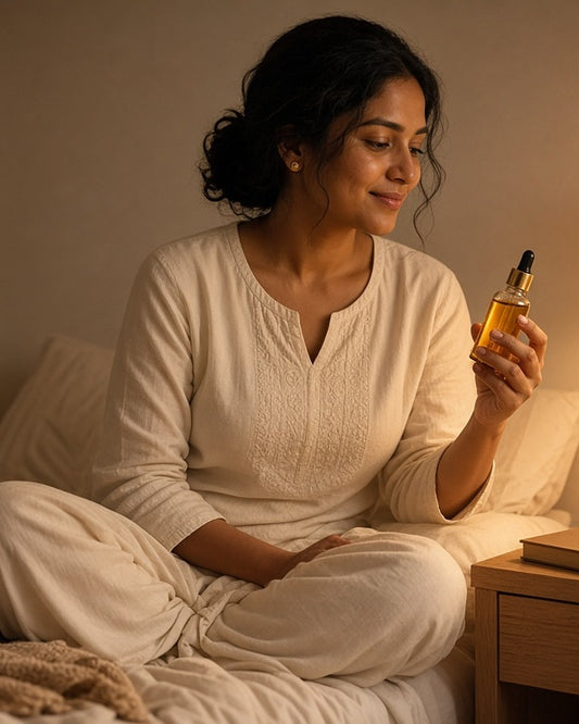 Woman in ivory loungewear holding an amber dropper bottle of nabhi oil at bedtime